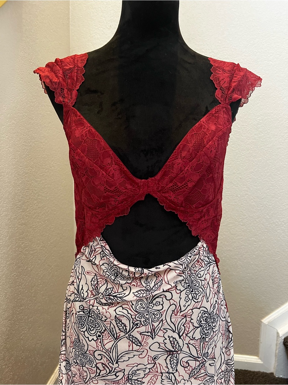 Red Lace & Floral Panel Evening Dress or Sexy Nightgown.